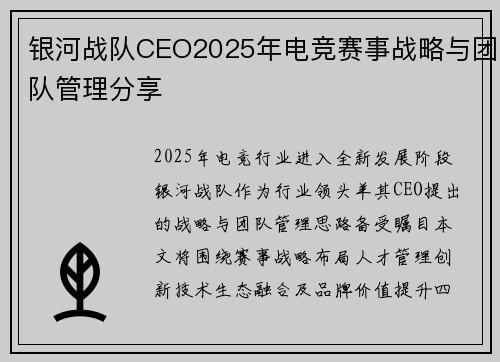 银河战队CEO2025年电竞赛事战略与团队管理分享