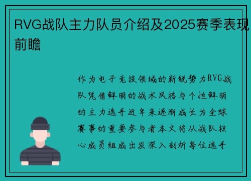 RVG战队主力队员介绍及2025赛季表现前瞻